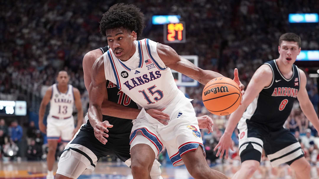 Kansas Jayhawks forward Bryson Tiller (15) drives the ball against Arizona Wildcats during the game inside Allen Fieldhouse on Feb. 9, 2026.