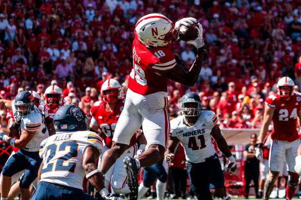 Nebraska Cornhuskers wide receiver Isaiah Neyor catches a pass against UTEP during the second quarter at Memorial Stadium.