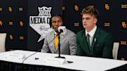 Baylor wide receiver Josh Cameron and quarterback Sawyer Robertson answers questions from the media during 2025 Big 12 Football Media Days