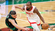 Nov 1, 2025; Boston, Massachusetts, USA; Houston Rockets forward Kevin Durant (7) defended by Boston Celtics guard Payton Pritchard (11) during the first half at TD Garden. Mandatory Credit: Paul Rutherford-Imagn Images