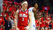 Feb 4, 2025; Oxford, Mississippi, USA; Mississippi Rebels guard Sean Pedulla (3) reacts during the first half against the Kentucky Wildcats at The Sandy and John Black Pavilion at Ole Miss. Mandatory Credit: Petre Thomas-Imagn Images