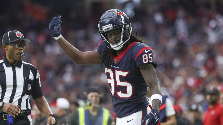 Nov 5, 2023; Houston, Texas, USA; Houston Texans wide receiver Noah Brown (85) reacts after making a reception during the fourth quarter against the Tampa Bay Buccaneers at NRG Stadium. Mandatory Credit: Troy Taormina-USA TODAY Sports