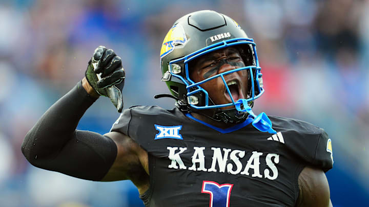 Sep 13, 2024; Kansas City, Kansas, USA; Kansas Jayhawks linebacker JB Brown (1) celebrates after a play during the first half against the UNLV Rebels at Children's Mercy Park.