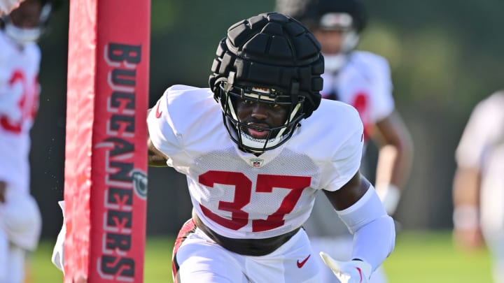 TAMPA, FLORIDA - JULY 29: Tavierre Thomas #37 of the Tampa Bay Buccaneers works out during training camp at AdventHealth Training Center on July 29, 2024 in Tampa, Florida. (Photo by Julio Aguilar/Getty Images)