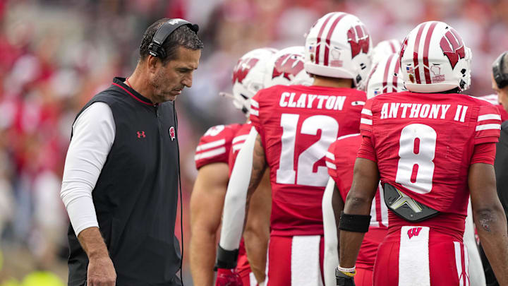 Oct 18, 2025; Madison, Wisconsin, USA;  Wisconsin Badgers head coach Luke Fickell during the game against the Ohio State Buckeyes at Camp Randall Stadium. Mandatory Credit: Jeff Hanisch-Imagn Images