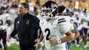 Mississippi State Bulldogs quarterback Blake Shapen (2) and coach Jeff Lebby against the Arizona State Sun Devils at Mountain America Stadium. 