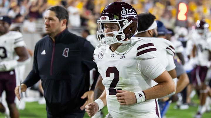 Mississippi State Bulldogs quarterback Blake Shapen (2) and coach Jeff Lebby against the Arizona State Sun Devils at Mountain America Stadium. Mississippi State Bulldogs quarterback Blake Shapen (2) and coach Jeff Lebby against the Arizona State Sun Devils at Mountain America Stadium.