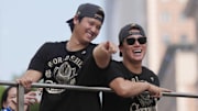 Nov 3, 2025; Los Angeles, CA, USA;  Los Angeles Dodgers two-way player Shohei Ohtani (17) and pitcher Yoshinobu Yamamoto (18) during the World Series championship parade and celebration. Mandatory Credit: Kirby Lee-Imagn Images