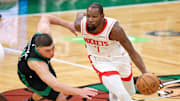Nov 1, 2025; Boston, Massachusetts, USA; Houston Rockets forward Kevin Durant (7) defended by Boston Celtics guard Payton Pritchard (11) during the first half at TD Garden. Mandatory Credit: Paul Rutherford-Imagn Images