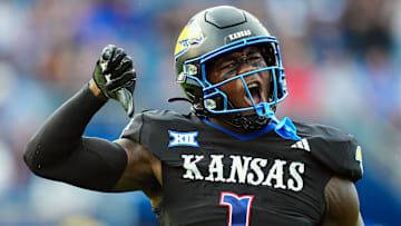 Sep 13, 2024; Kansas City, Kansas, USA; Kansas Jayhawks linebacker JB Brown (1) celebrates after a play during the first half against the UNLV Rebels at Children's Mercy Park. Mandatory Credit: Jay Biggerstaff-Imagn Images