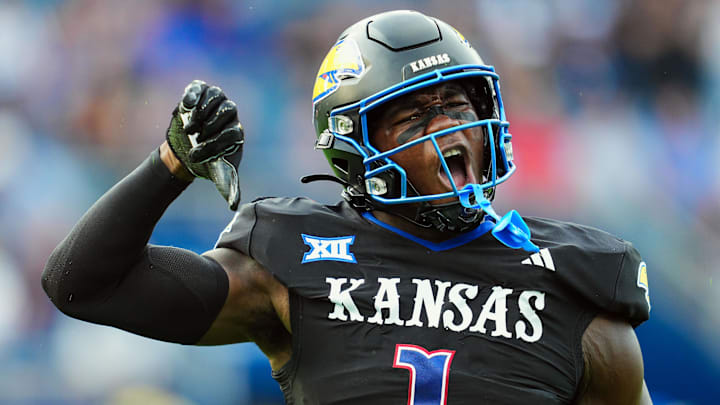 Sep 13, 2024; Kansas City, Kansas, USA; Kansas Jayhawks linebacker JB Brown (1) celebrates after a play during the first half against the UNLV Rebels at Children's Mercy Park. Mandatory Credit: Jay Biggerstaff-Imagn Images