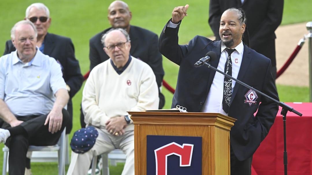 Aug 19, 2023; Cleveland, Ohio, USA; Former Cleveland player Manny Ramirez speaks after he was inducted to the team   s hall of fame before a game against the Detroit Tigers at Progressive Field. Mandatory Credit: David Richard-Imagn Images