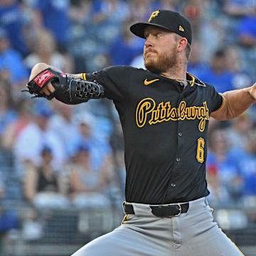 Jul 9, 2025; Kansas City, Missouri, USA;  Pittsburgh Pirates starting pitcher Bailey Falter (6) throws a pitch in the first inning against the Kansas City Royals at Kauffman Stadium. Mandatory Credit: Peter Aiken-Imagn Images
