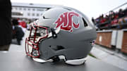 Nov 12, 2022; Pullman, Washington, USA; Washington State Cougars helmet sits during a game against the Arizona State Sun Devils in the first half at Gesa Field at Martin Stadium. Mandatory Credit: James Snook-Imagn Images