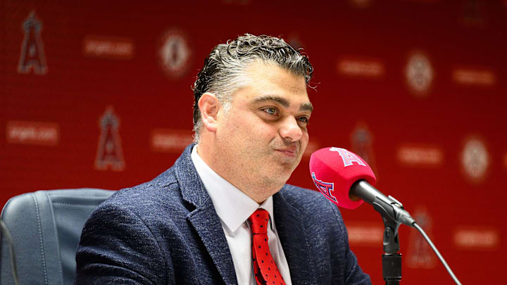 Oct 22, 2025; Los Angeles, CA, USA; Los Angeles Angels general manager Perry Minasian speaks during a press conference at Angel Stadium. Mandatory Credit: William Liang-Imagn Images
