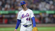 Jun 10, 2025; New York City, New York, USA; New York Mets starting pitcher Griffin Canning (46) reacts as he walks off the field after being taken out of the game against the Washington Nationals during the sixth inning at Citi Field. Mandatory Credit: Brad Penner-Imagn Images