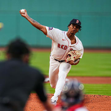 Boston, Massachusetts, USA; Boston Red Sox pitcher Brayan Bello (66) throws a pitch against the Kansas City Royals in the first inning at Fenway Park.