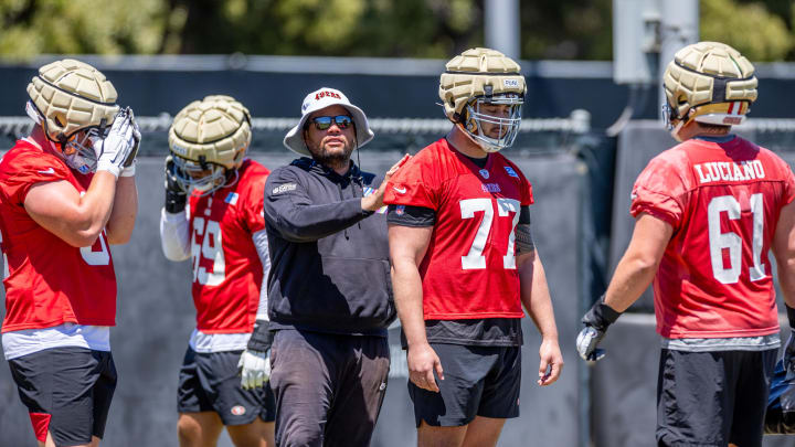 May 10, 2024; Santa Clara, CA, USA; San Francisco 49ers rookie offensive linemen rest during the rookie minicamp at Leviís Stadium in Santa Clara, CA. Mandatory Credit: Robert Kupbens-USA TODAY Sports