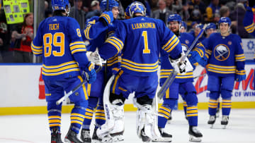 Mar 9, 2024; Buffalo, New York, USA;  Buffalo Sabres goaltender Ukko-Pekka Luukkonen (1) celebrates his shootout win against the Edmonton Oilers at KeyBank Center. Mandatory Credit: Timothy T. Ludwig-USA TODAY Sports