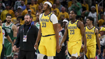May 27, 2024; Indianapolis, Indiana, USA; Indiana Pacers center Myles Turner (33) during the third quarter during game four of the eastern conference finals for the 2024 NBA playoffs at Gainbridge Fieldhouse. Mandatory Credit: Trevor Ruszkowski-USA TODAY Sports. 