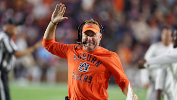 Oct 18, 2025; Auburn, Alabama, USA;  Auburn Tigers head coach Hugh Freeze reacts after a play during the fourth quarter against the Missouri Tigers at Jordan-Hare Stadium. Mandatory Credit: John Reed-Imagn Images