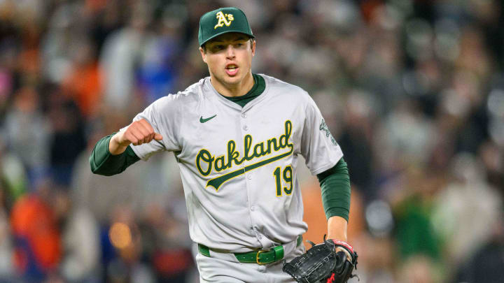 Apr 26, 2024; Baltimore, Maryland, USA; Oakland Athletics pitcher Mason Miller (19) reacts during the tenth inning against the Baltimore Orioles at Oriole Park at Camden Yards. Mandatory Credit: Reggie Hildred-USA TODAY Sports