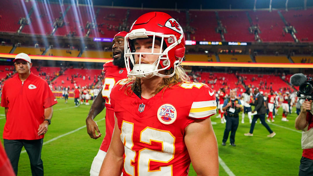 Aug 22, 2025; Kansas City, Missouri, USA; KKansas City Chiefs fullback Carson Steele (42) leaves the field after the game against the Chicago Bears at GEHA Field at Arrowhead Stadium.