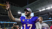 Jan 7, 2024; Miami Gardens, Florida, USA; Buffalo Bills quarterback Josh Allen (17) reacts after the game against the Miami Dolphins at Hard Rock Stadium. Mandatory Credit: Sam Navarro-USA TODAY Sports