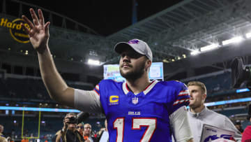 Jan 7, 2024; Miami Gardens, Florida, USA; Buffalo Bills quarterback Josh Allen (17) reacts after the game against the Miami Dolphins at Hard Rock Stadium. Mandatory Credit: Sam Navarro-USA TODAY Sports