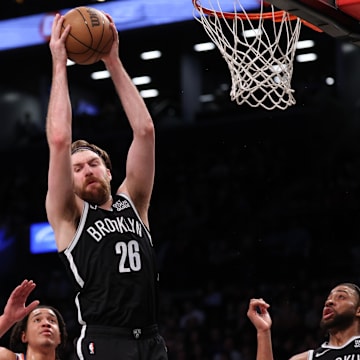 Brooklyn Nets forward Drew Timme (26) rebounds during the first half against the New York Knicks at Barclays Center.