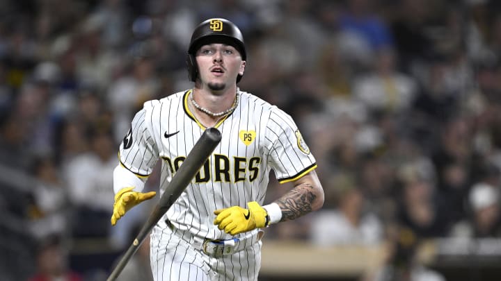 San Diego Padres center fielder Jackson Merrill (3) tosses his bat after flying out against the Pittsburgh Pirates during the fifth inning at Petco Park on April 12.