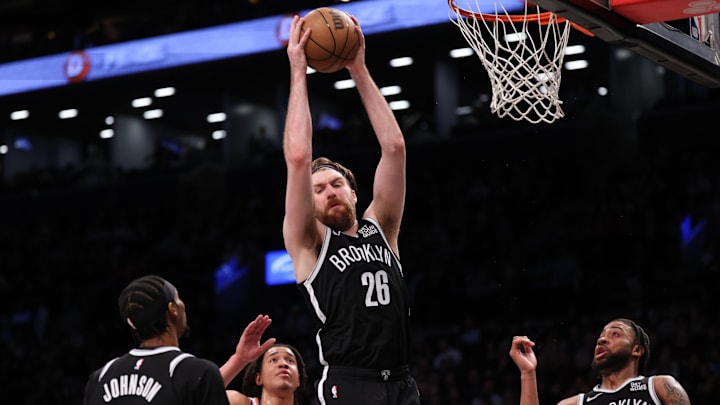 Brooklyn Nets forward Drew Timme (26) rebounds during the first half against the New York Knicks at Barclays Center. Brooklyn Nets forward Drew Timme (26) rebounds during the first half against the New York Knicks at Barclays Center.