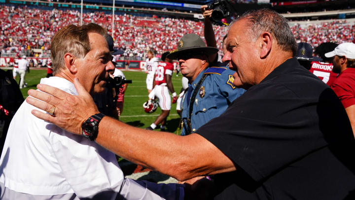 Oct 14, 2023; Tuscaloosa, Alabama, USA; Alabama Crimson Tide head coach Nick Saban greets Arkansas Razorbacks head coach Sam Pittman midfield following their 24-21 win against the Arkansas Razorbacks at Bryant-Denny Stadium.