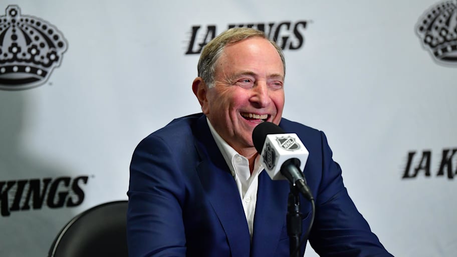 Gary Bettman speaks in Los Angeles in Feb. 2025. | Gary A. Vasquez-Imagn Images