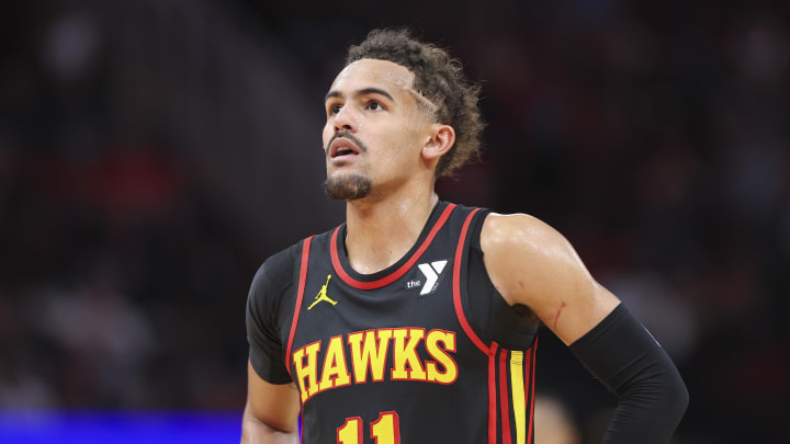 Dec 20, 2023; Houston, Texas, USA; Atlanta Hawks guard Trae Young (11) reacts after a play during the fourth quarter against the Houston Rockets at Toyota Center. Mandatory Credit: Troy Taormina-USA TODAY Sports