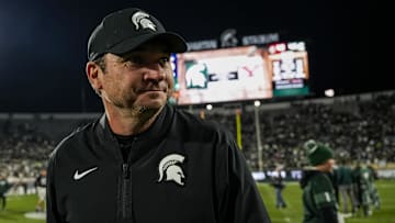 Sep 6, 2025; East Lansing, Michigan, USA; Michigan State head coach Jonathan Smith walks across the field following  a double-overtime victory over Boston College at Spartan Stadium. Mandatory Credit: Brendan Mullin-Imagn Images