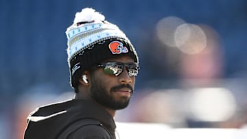 Oct 26, 2025; Foxborough, Massachusetts, USA;  Cleveland Browns quarterback Shedeur Sanders (12) looks on during warm up prior to the game against the New England Patriots at Gillette Stadium. Mandatory Credit: Brian Fluharty-Imagn Images