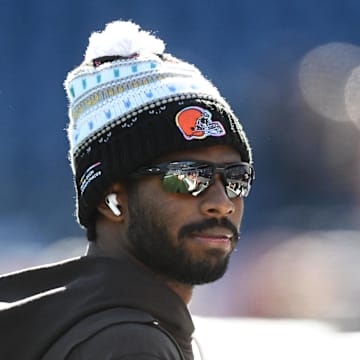 Oct 26, 2025; Foxborough, Massachusetts, USA;  Cleveland Browns quarterback Shedeur Sanders (12) looks on during warm up prior to the game against the New England Patriots at Gillette Stadium. Mandatory Credit: Brian Fluharty-Imagn Images