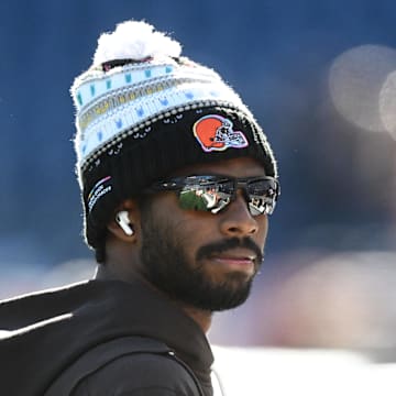 Oct 26, 2025; Foxborough, Massachusetts, USA;  Cleveland Browns quarterback Shedeur Sanders (12) looks on during warm up prior to the game against the New England Patriots at Gillette Stadium. Mandatory Credit: Brian Fluharty-Imagn Images