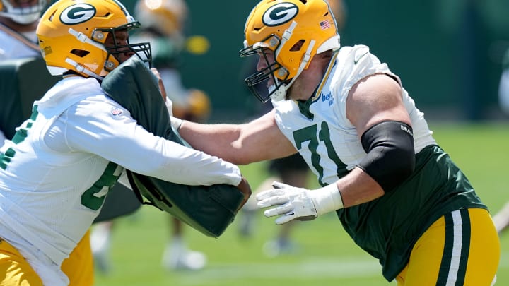 Green Bay Packers center Josh Myers (71) is shown during organized team activities Wednesday, May 29, 2024 in Green Bay, Wisconsin.