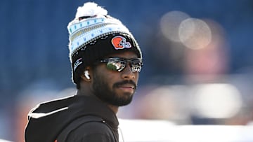 Oct 26, 2025; Foxborough, Massachusetts, USA;  Cleveland Browns quarterback Shedeur Sanders (12) looks on during warm up prior to the game against the New England Patriots at Gillette Stadium. Mandatory Credit: Brian Fluharty-Imagn Images