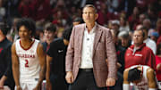 Mar 5, 2025; Tuscaloosa, Alabama, USA; Alabama Crimson Tide head coach Nate Oats directs his team against the Florida Gators during the first half at Coleman Coliseum. Mandatory Credit: Will McLelland-Imagn Images