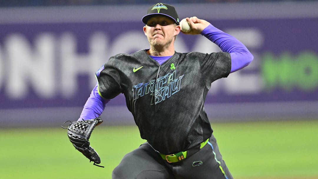 May 2, 2026; St. Petersburg, Florida, USA; Tampa Bay Rays pitcher Garrett Cleavinger (60) serves a pitch during the eighth inning against San Francisco Giants at Tropicana Field.