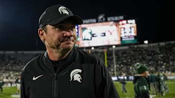 Sep 6, 2025; East Lansing, Michigan, USA; Michigan State head coach Jonathan Smith walks across the field following  a double-overtime victory over Boston College at Spartan Stadium. Mandatory Credit: Brendan Mullin-Imagn Images