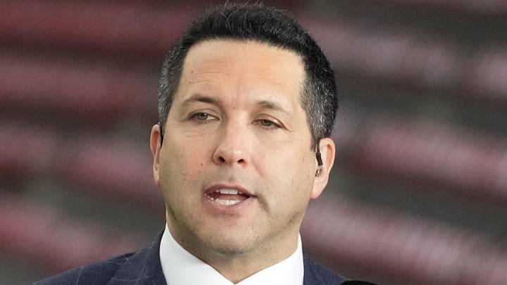 Jan 8, 2024; Houston, TX, USA; Adam Schefter talks on a set before the 2024 College Football Playoff national championship game between the Michigan Wolverines and the Washington Huskies at NRG Stadium. Mandatory Credit: Kirby Lee-Imagn Images