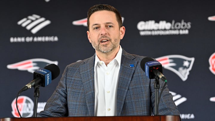 Mar 13, 2025; Foxborough, MA, USA; New England Patriots executive vice president of player personnel Eliot Wolf discusses the teamís recent free agent additions with the media at Gillette Stadium. Mandatory Credit: Eric Canha-Imagn Images Mar 13, 2025; Foxborough, MA, USA; New England Patriots executive vice president of player personnel Eliot Wolf discusses the teamís recent free agent additions with the media at Gillette Stadium. Mandatory Credit: Eric Canha-Imagn Images