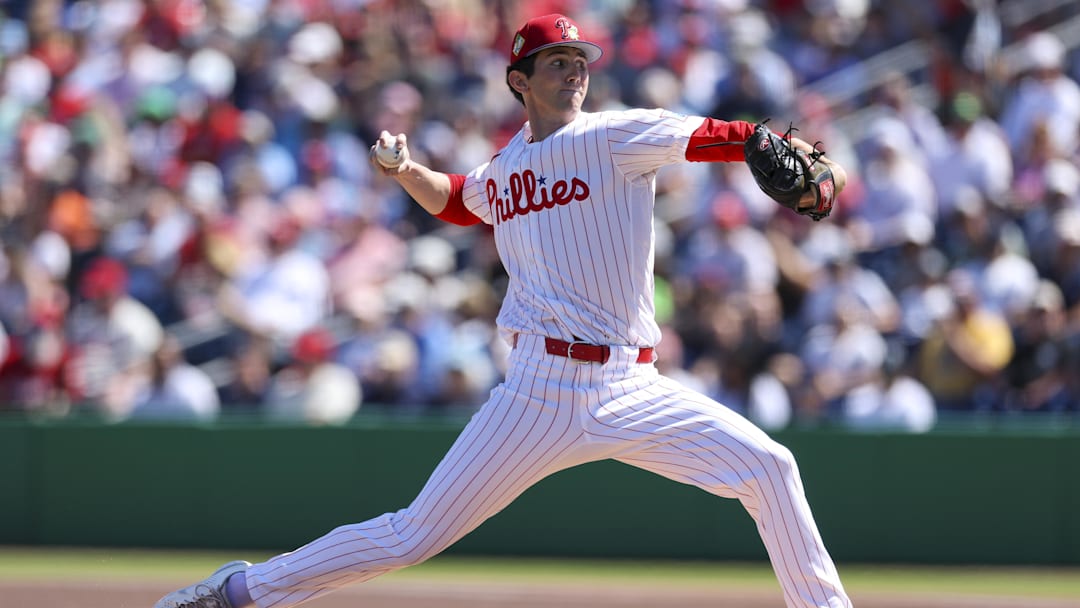 Mar 1, 2026; Clearwater, Florida, USA; Philadelphia Phillies starting pitcher Andrew Painter (76) throws a pitch against the New York Yankees in the first inning during spring training at BayCare Ballpark. Mandatory Credit: Nathan Ray Seebeck-Imagn Images