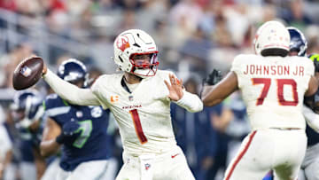Sep 25, 2025; Glendale, Arizona, USA; Arizona Cardinals quarterback Kyler Murray (1) against the Seattle Seahawks at State Farm Stadium. Mandatory Credit: Mark J. Rebilas-Imagn Images