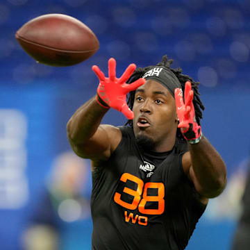 Mar 1, 2025; Indianapolis, IN, USA; Utah State wideout Jalen Royals (WO38) during the 2025 NFL Combine at Lucas Oil Stadium. Mandatory Credit: Kirby Lee-Imagn Images