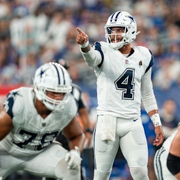 Dallas Cowboys quarterback Dak Prescott calls out the defense prior to the snap of the ball at MetLife Stadium.